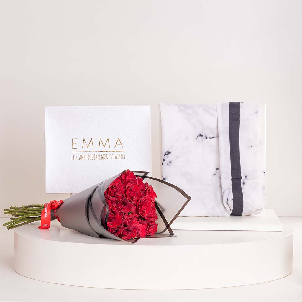 product-image-EMMA White Marble Scarf & Red Roses Bouquet