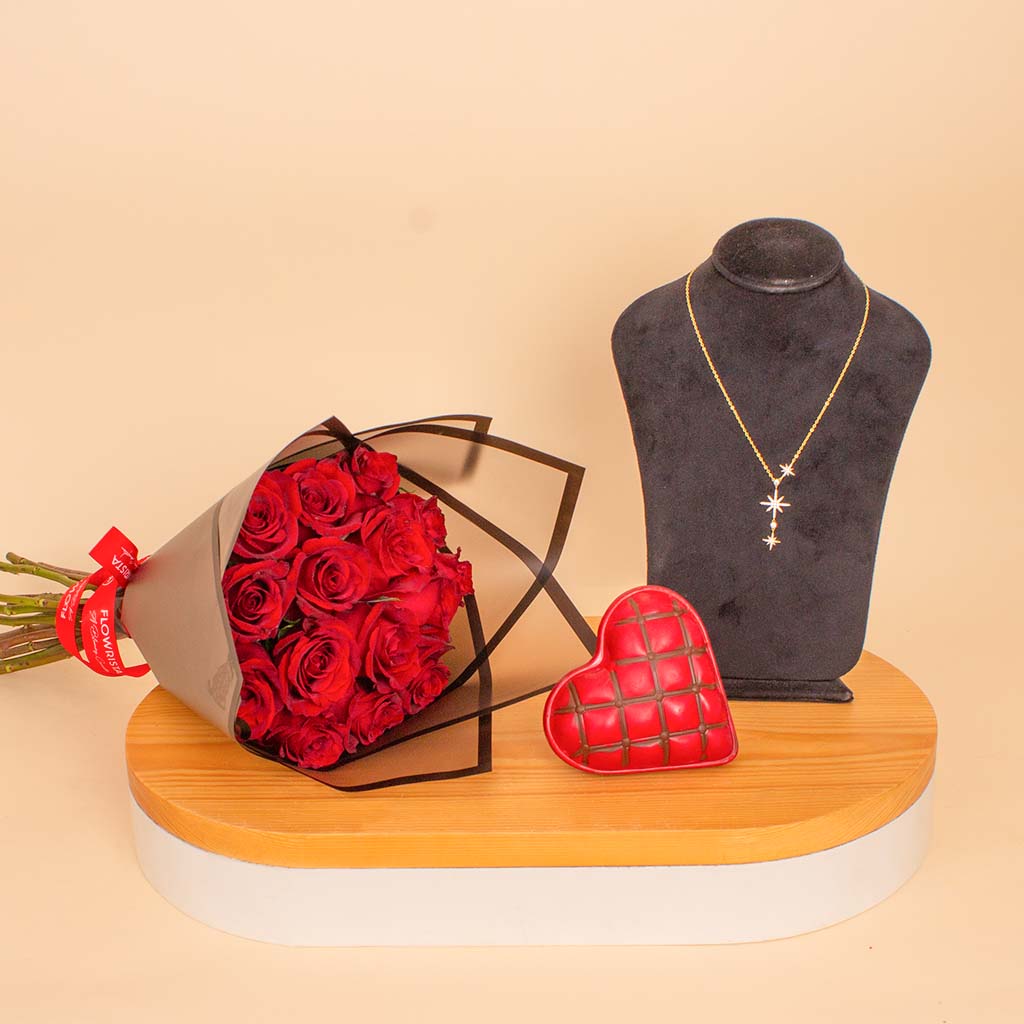 product-image-Chocolate Factory Heart Bonbon & Red Roses with Felizmoda Stars Necklace