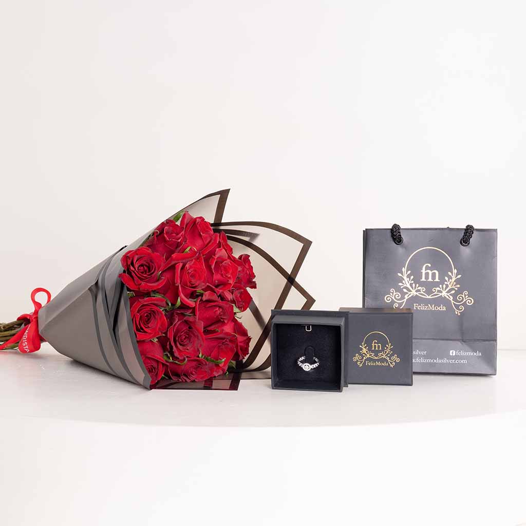 Flowrista Online Flowers Shop Felizmoda Braided Zircon Silver Ring & Red Roses Bouquet