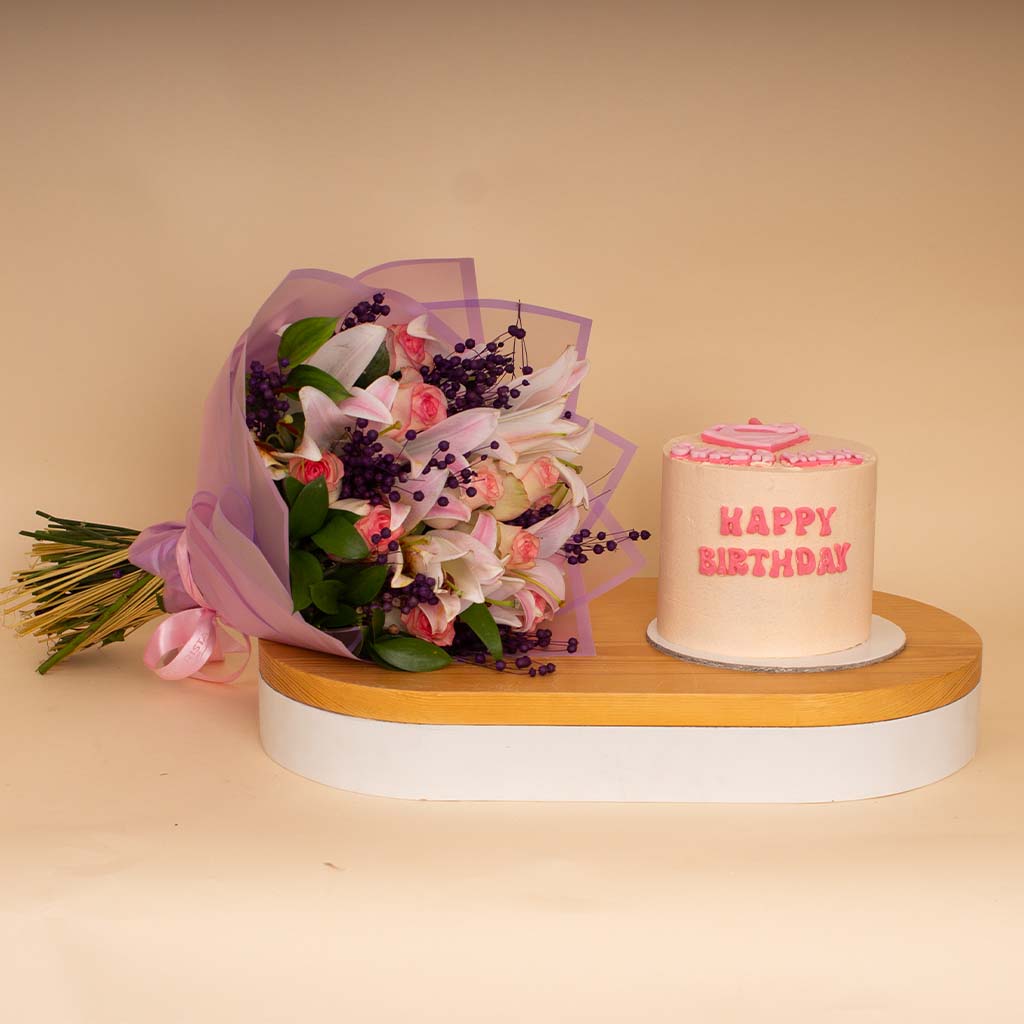 product-image-Ninos Super Mom Cake & Pink Roses & Lilies Bouquet