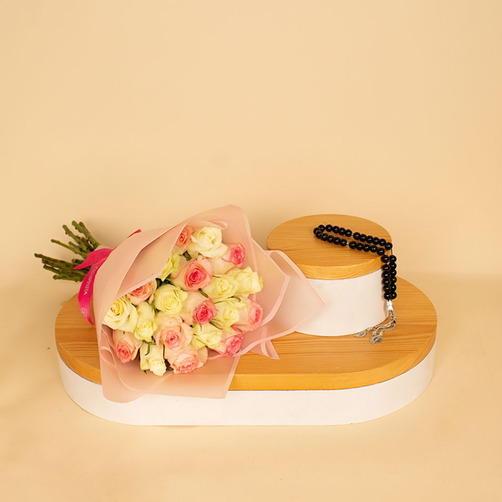 product-image-Black Onyx Misbaha | Mixed White and Pink Flower Bouquet with 20 Roses