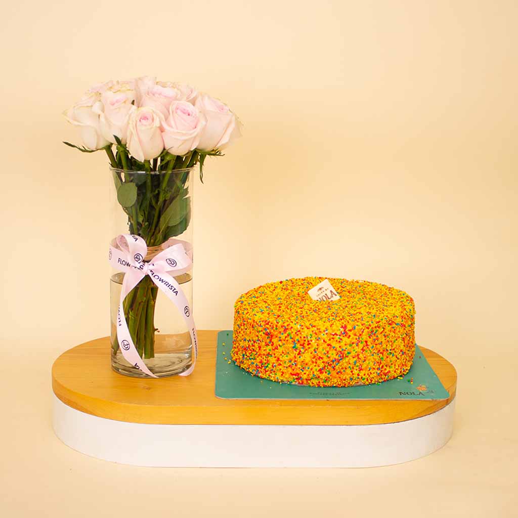 product-image-Nola Rainbow Cake & Pink Roses Vase