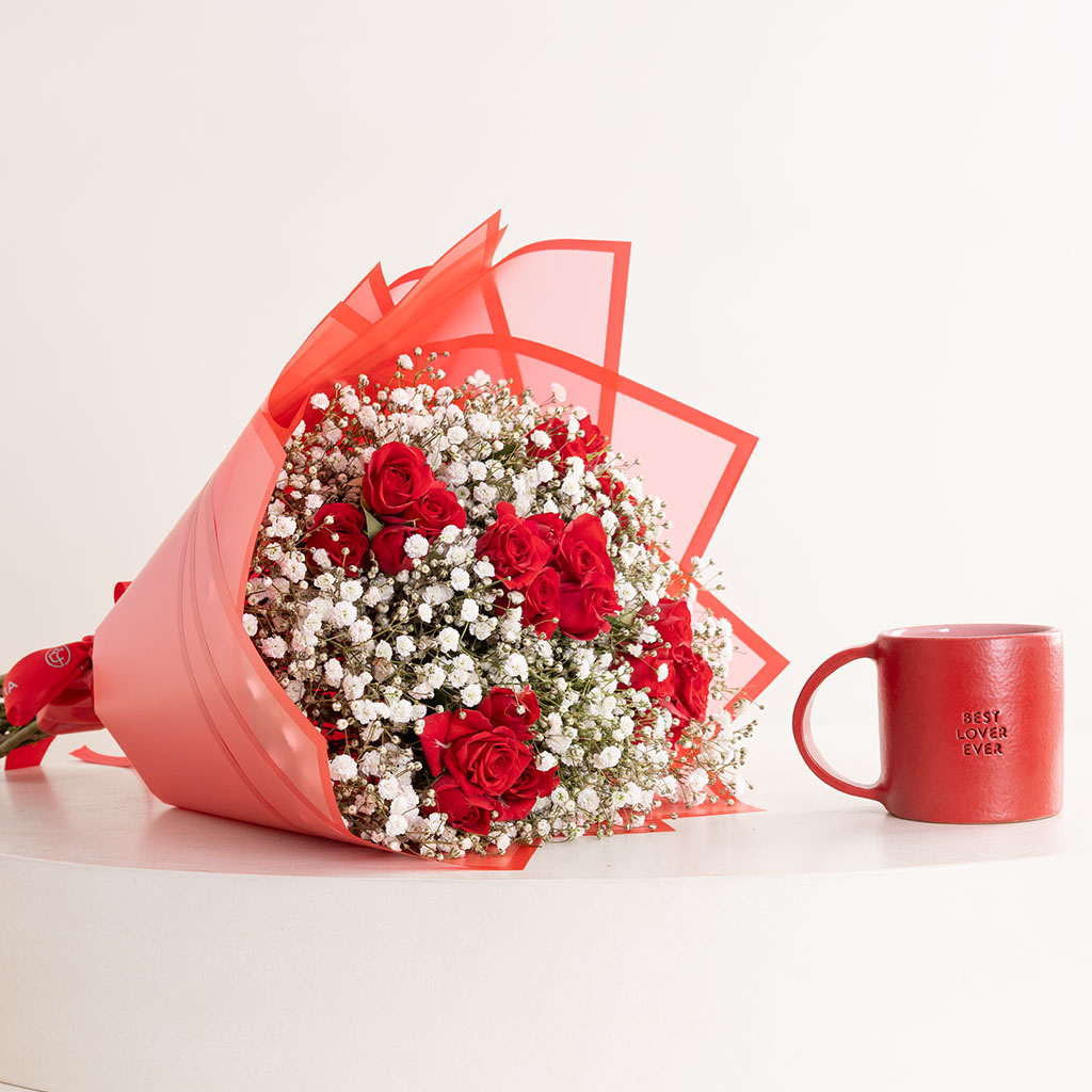 Flowrista Online Flowers Shop Ellie Best Lover Ever Mug & Baby Roses Bouquet