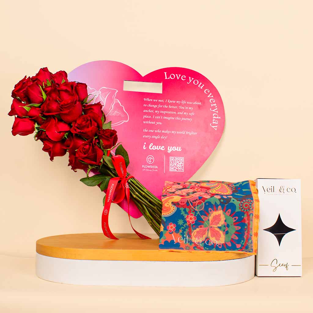 Flowrista Online Flowers Shop Veil & Co Coral Dream cohiffon hijab | Flwrista presents Heart of Love 15 Roses 