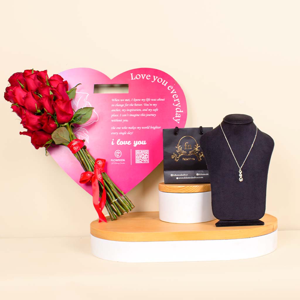 product-image-Feliz Moda three stones silver necklace And Heart of Love 15 Roses