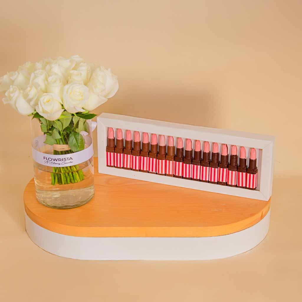 product-image-Shanshal Chocolate Lipstick & 20 White Roses Vase