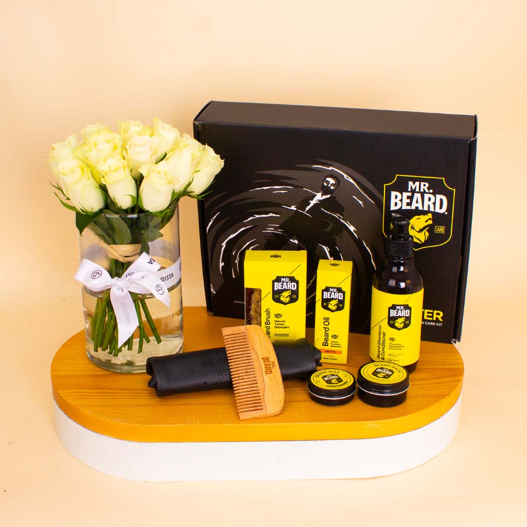 product-image-Master Beard Kit (Aroma Scent) & White Roses Vase