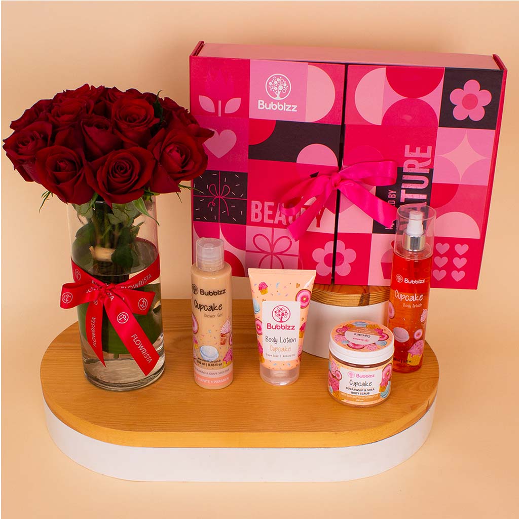 product-image-Bubblzz Cupcake Body Care Collection & Red Roses Vase