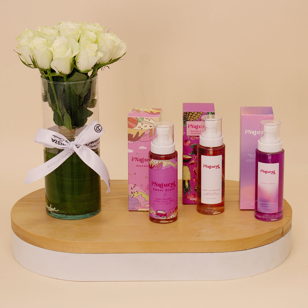 product-image-i Natural Body Splash Desire Collection& 15 White Roses Vase