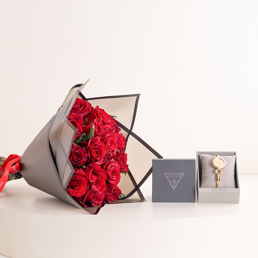 product-image-GUESS Ladies Giselle Gold Tone Analog Watch & Red Roses Bouquet