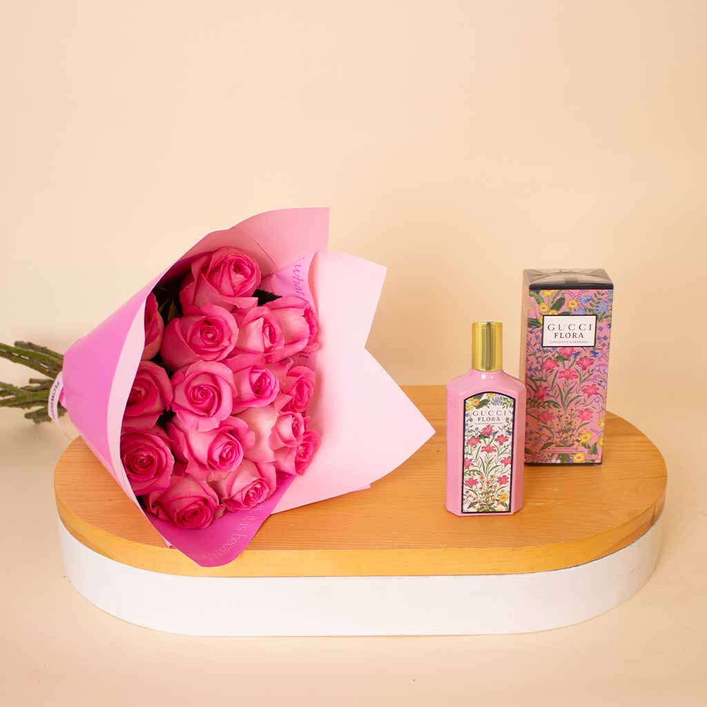 product-image-عطر غوتشي فلورا جورجيوس غاردينيا للنساء 100 مل مع باقة من الورود الوردية