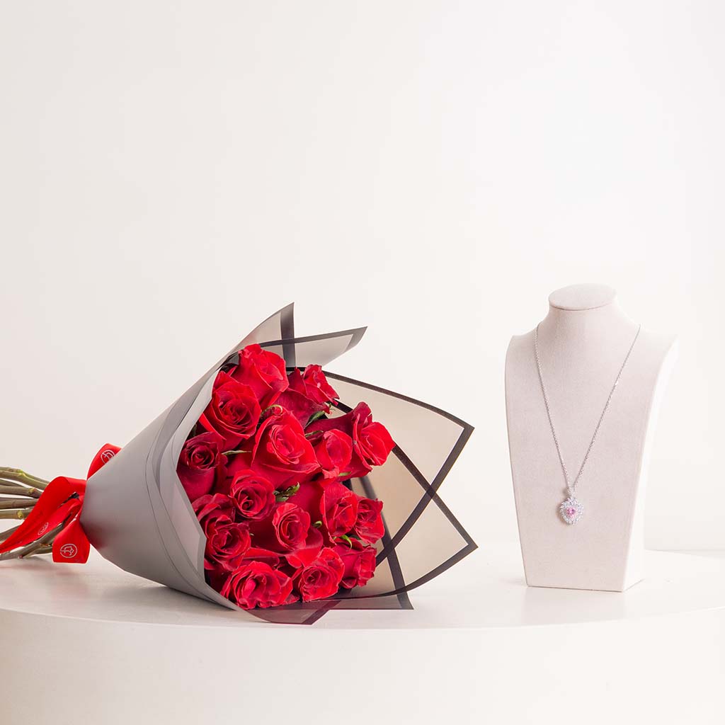 product-image-Markiz Platinum-Plated Pink Zircon Necklace & Red Roses Bouquet