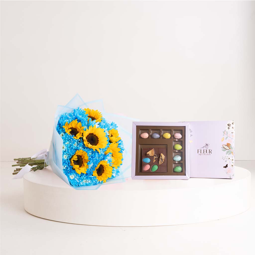 Flowrista Online Flowers Shop علبة بونبون بلجيكية فاخرة من فلور وباقة من زهور عباد الشمس والأقحوان