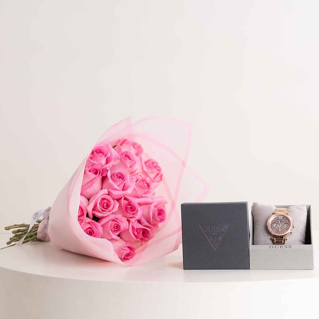 product-image-ساعة جيس سولستيس فضية بتصميم تناظري ذهبي اللون مع باقة من ورود ريفايفل