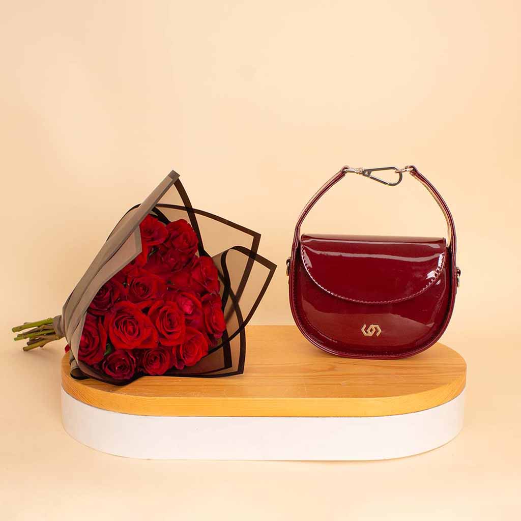 product-image-Cocan Half-Moon Bag Burgundy & 20 Red Roses Bouquet