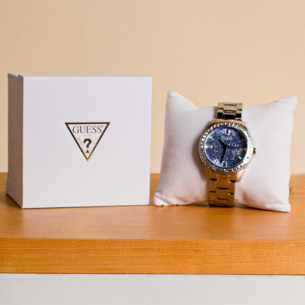Flowrista Online Flowers Shop Guess Glitter Burst Diamonds Blue Dial Silver Steel Strap Watch for Women - GW0405L1