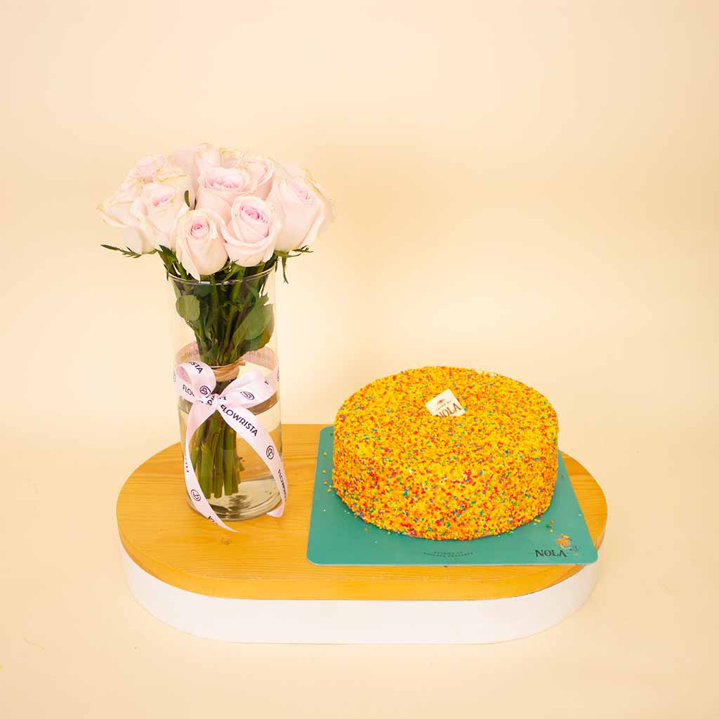 product-image-Nola Rainbow Cake & Pink Roses Vase