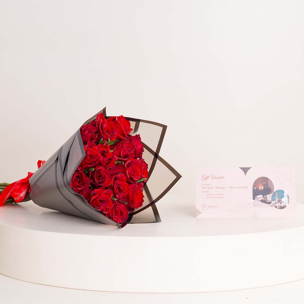 product-image-Bliss Spa Hot Stone Massage & Moroccan Bath & 15 Red Roses Bouquet