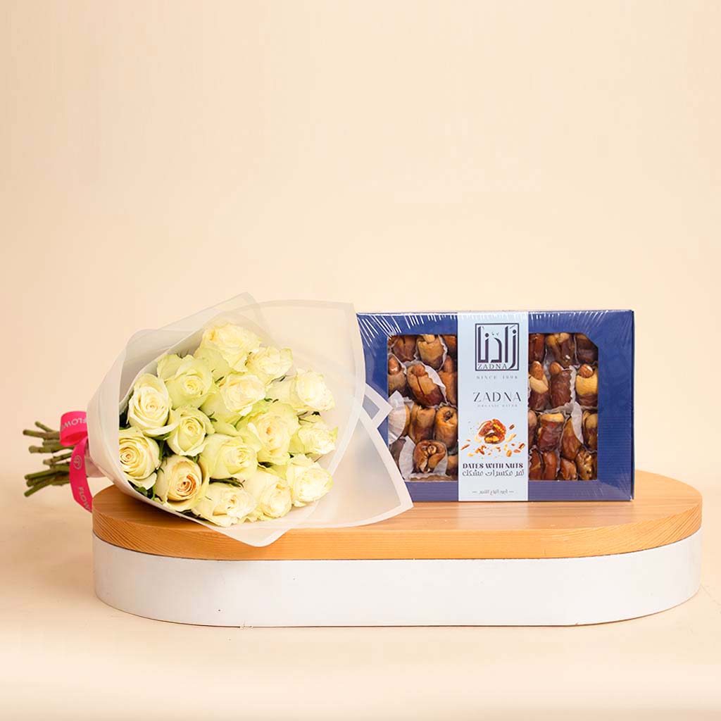 Flowrista Online Flowers Shop Zadna dates mixed nuts and 15 white roses