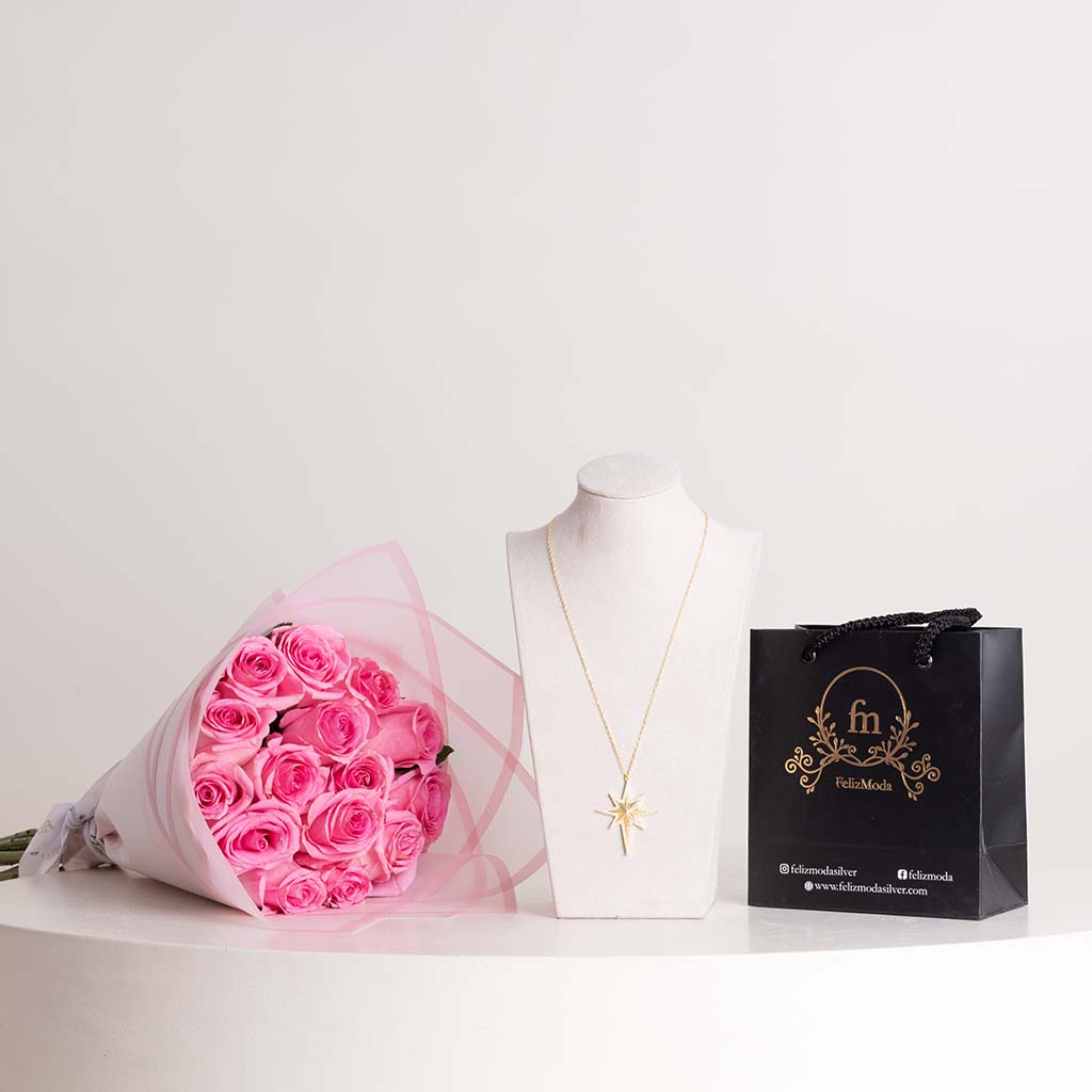 Flowrista Online Flowers Shop قلادة فيليزمودا بنجمة الشمال وباقة ورود وردية