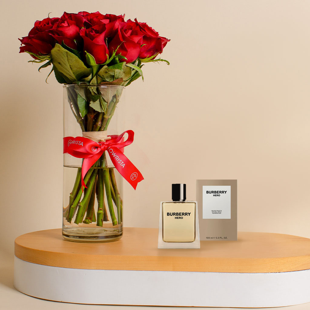 Flowrista Online Flowers Shop Burberry Hero Eau de Toilette perfume (100ml) | Love Red Rose Vase