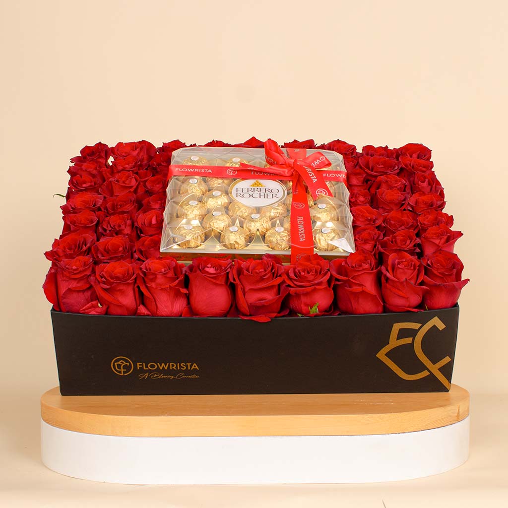 Flowrista Online Flowers Shop Heartfelt Roses And  Ferrero Bliss | 47 Red Roses 