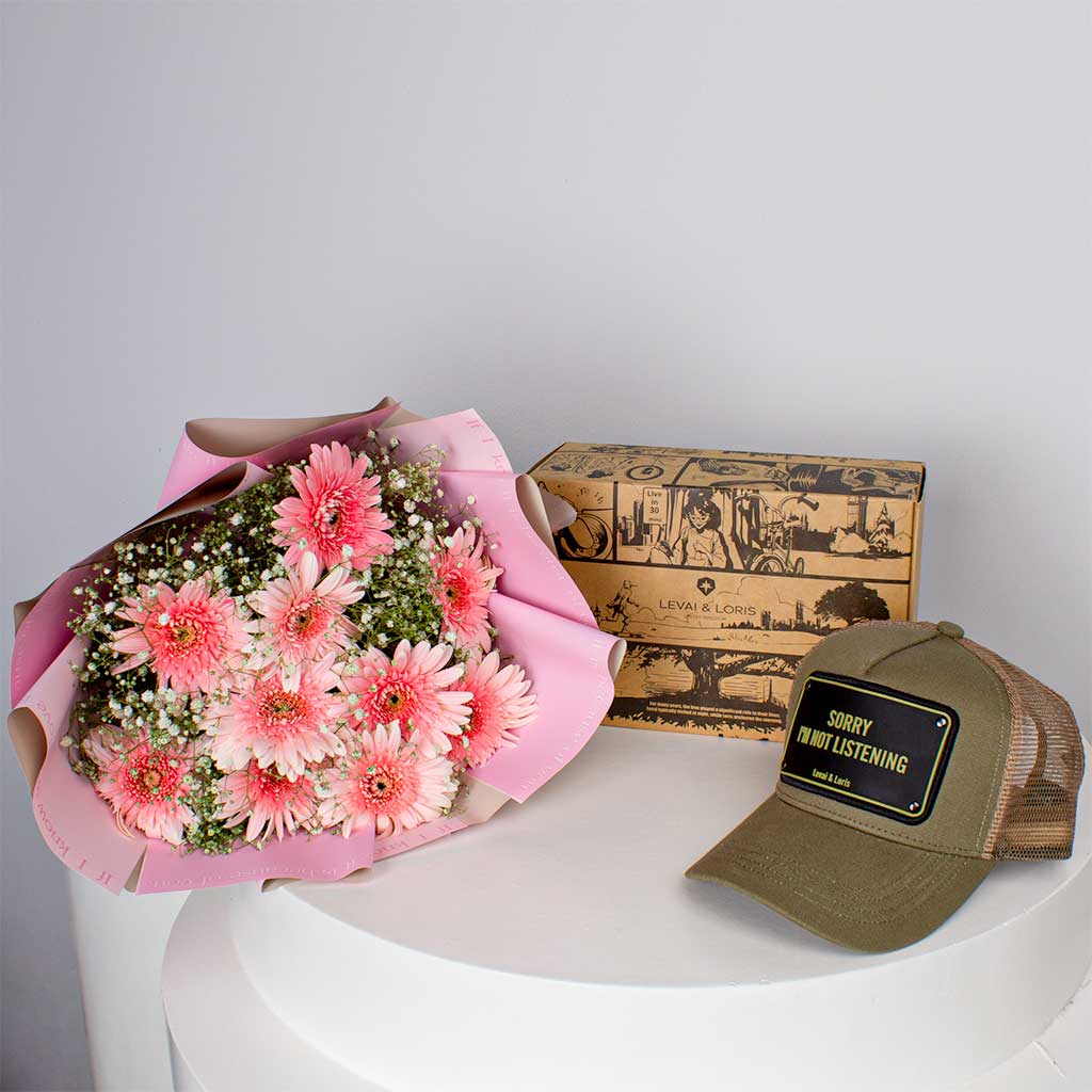 product-image-Levai & Loris Sorry I’m Not Listening Cap & 10 Gerberas Bouquet