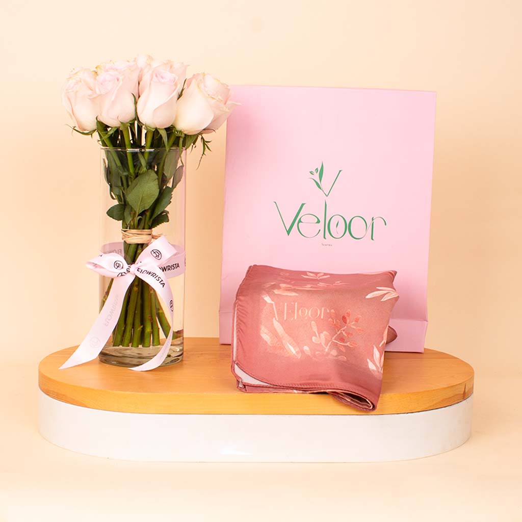 Flowrista Online Flowers Shop Veloor Rafef Scarf & Pink Roses Vase