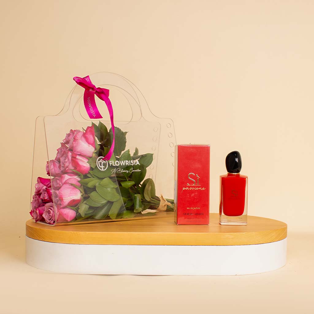 Flowrista Online Flowers Shop Luxury Gift Set:  Giorgio Armani Si Passione Perfume & 12 Roses