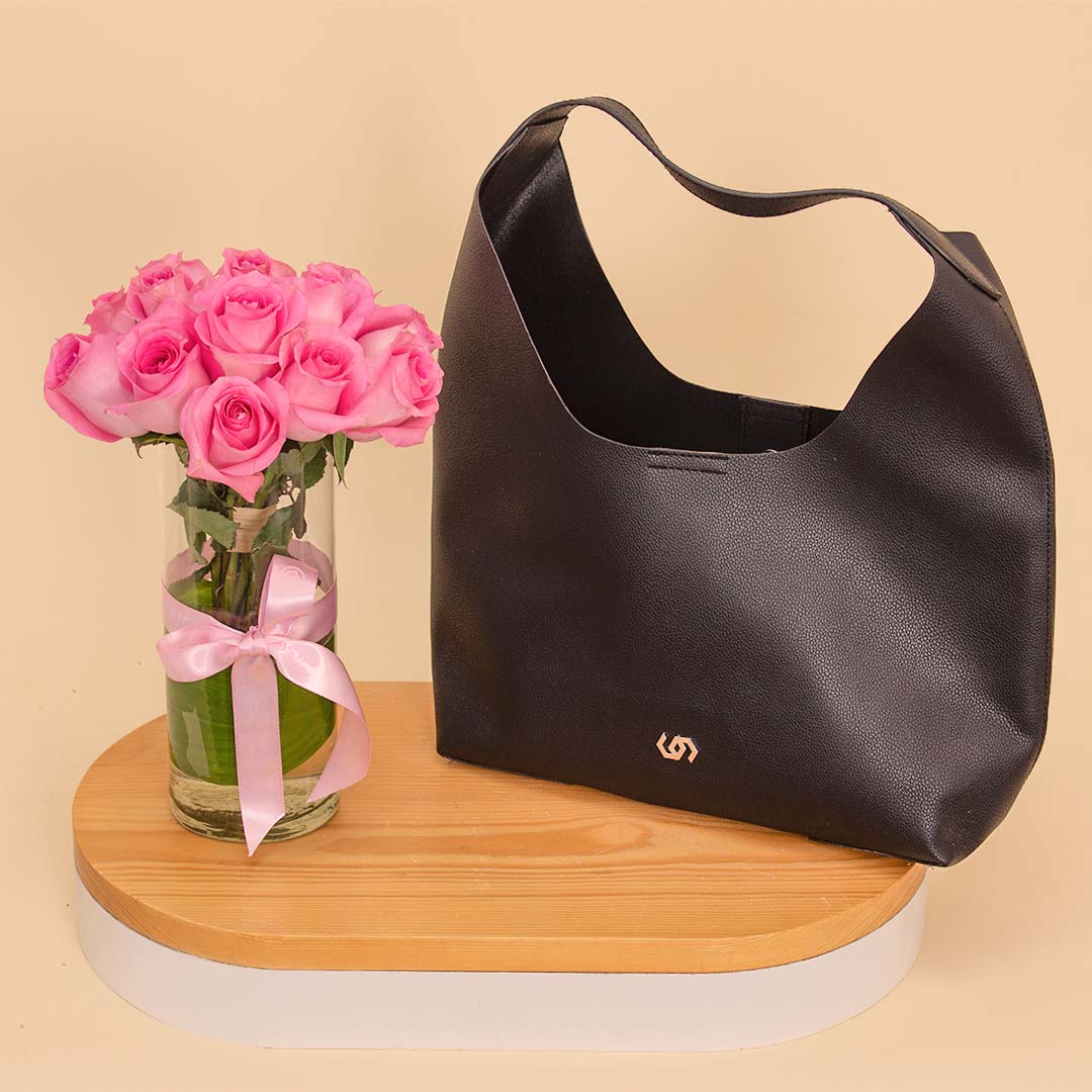 product-image-Cocan Black Bag with Vase of 15 Pink Roses