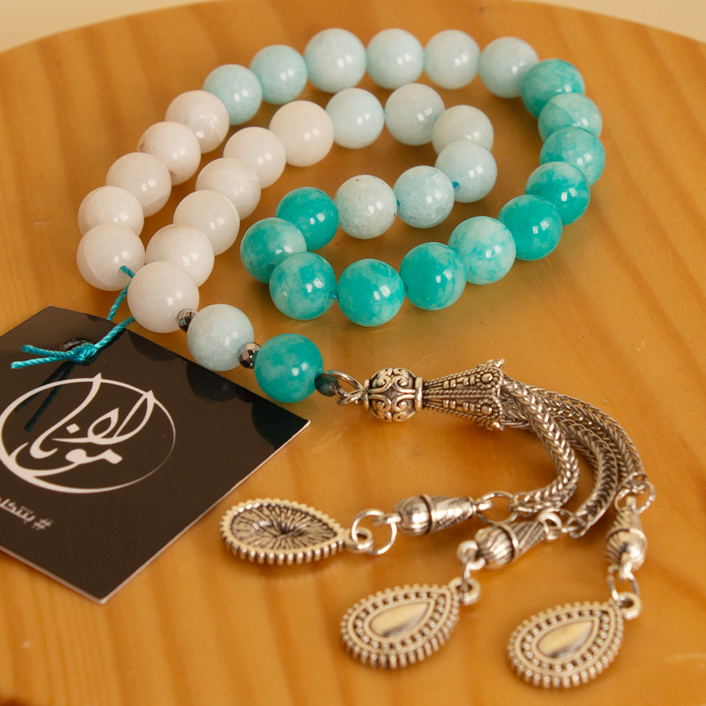 product-image-Blue & white Turquoise Rosary 33 Beads & 15 Pink Roses