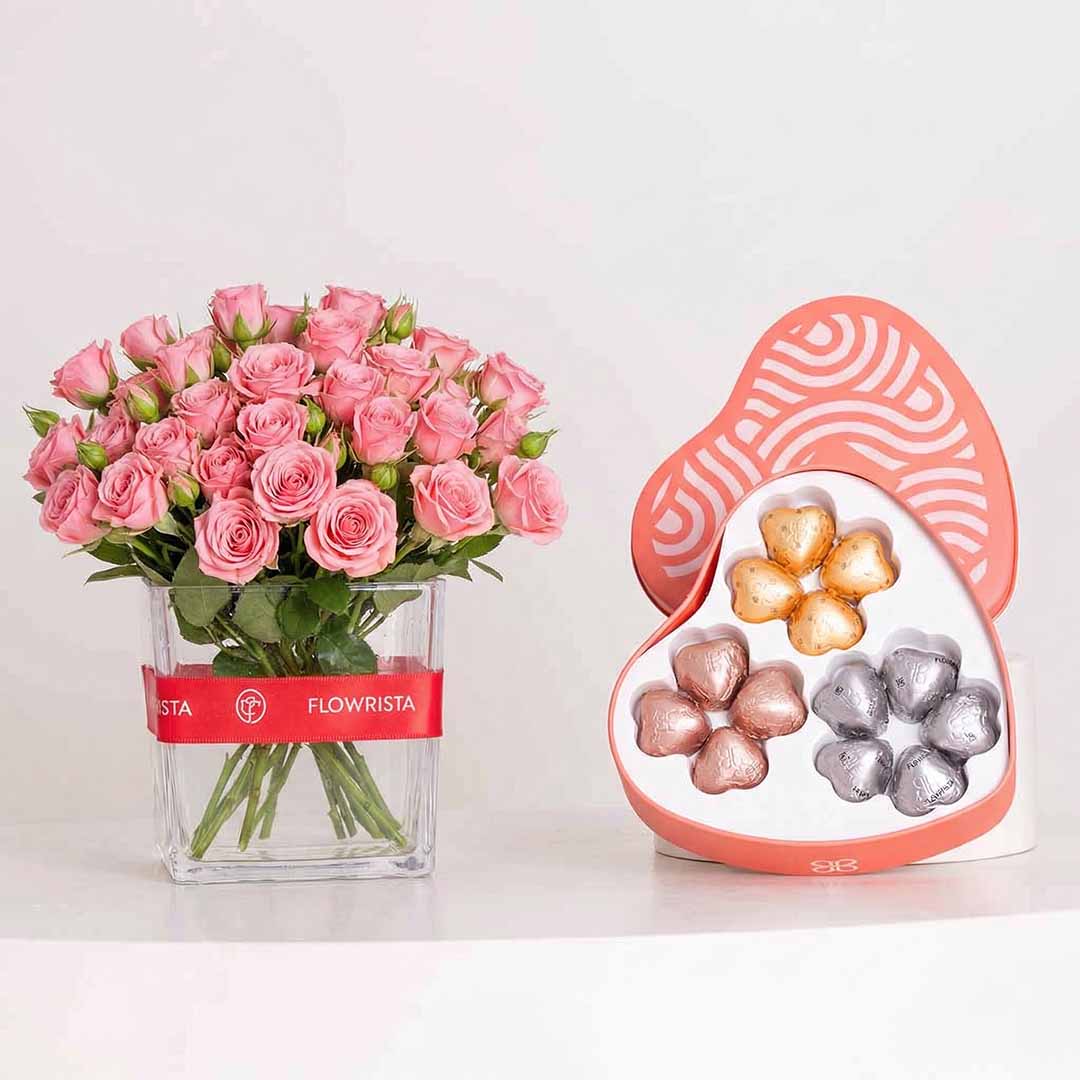product-image-Patchi Tin Box 245g & Pink Baby Roses Vase