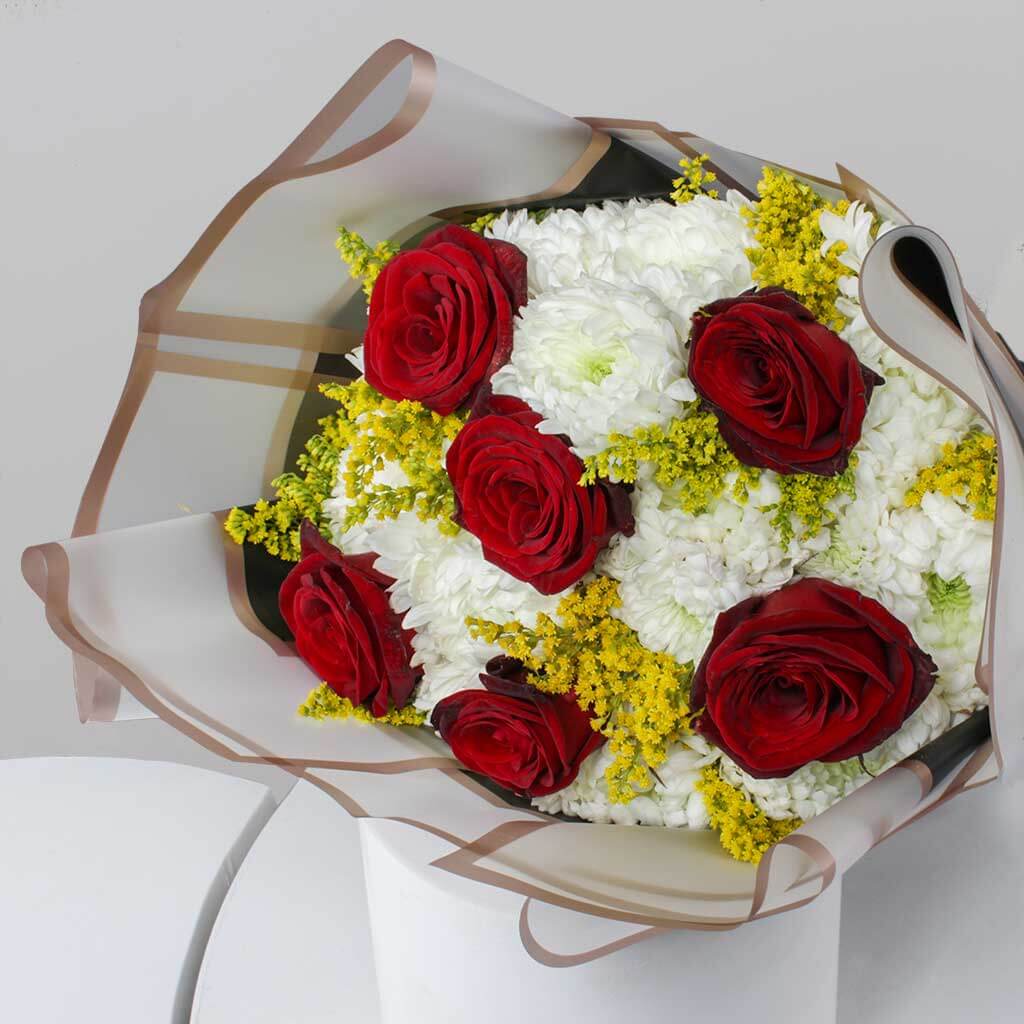 product-image-Red & White Chrysanthemums Hand Bouquet