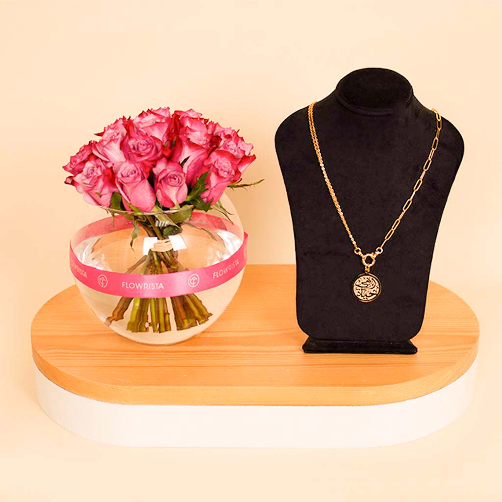 product-image-Feliz Moda Omi Silver Necklace & Vase Of 20 Purple Rose