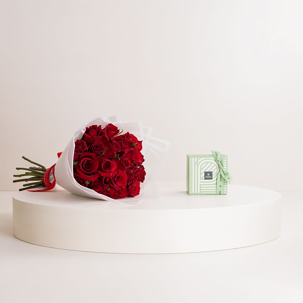 Flowrista Online Flowers Shop شيكولاتة باتشي وبوكية ورد من 20 وردة حمراء 