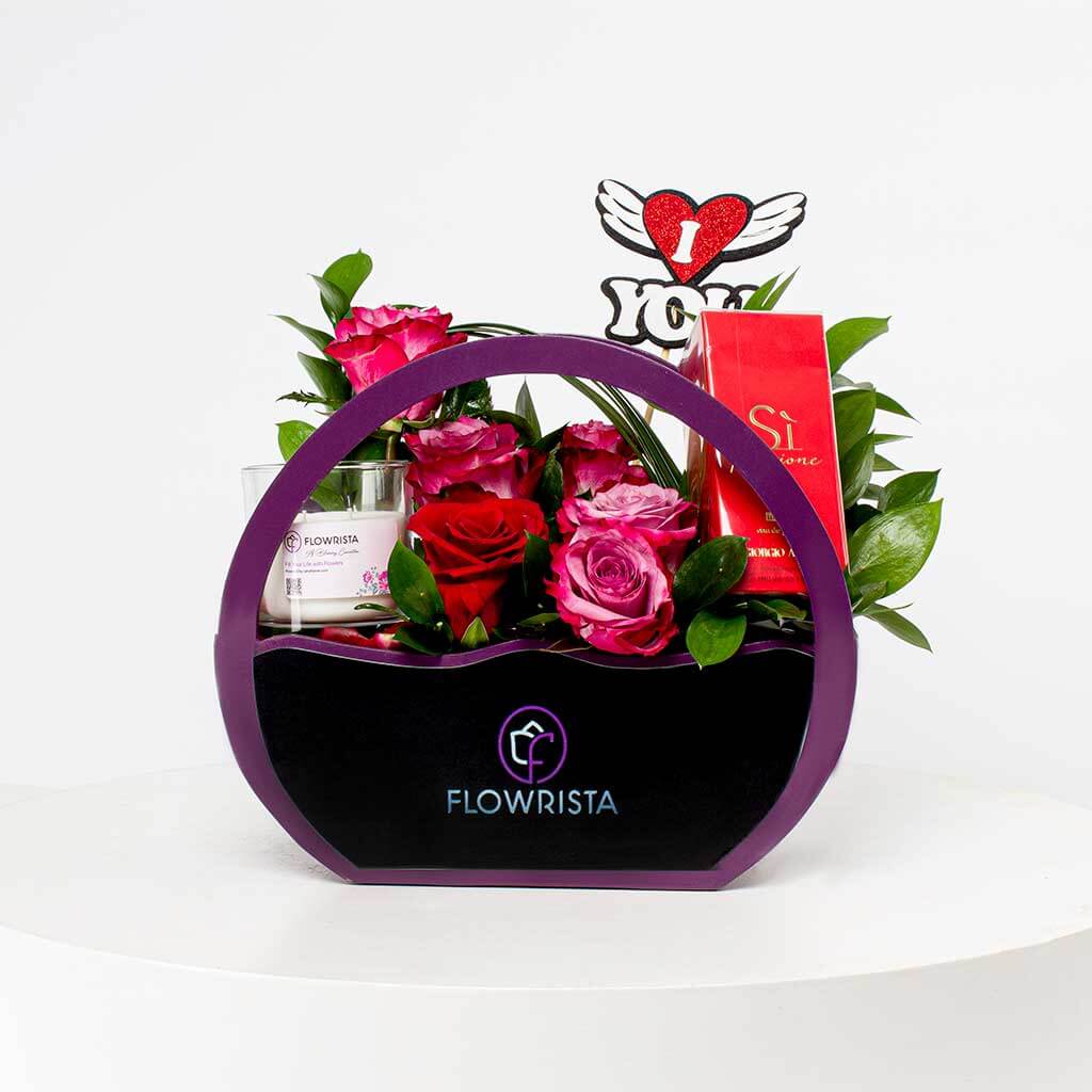 Flowrista Online Flowers Shop Giorgio Armani Si Passione EDP and red and deep purple roses