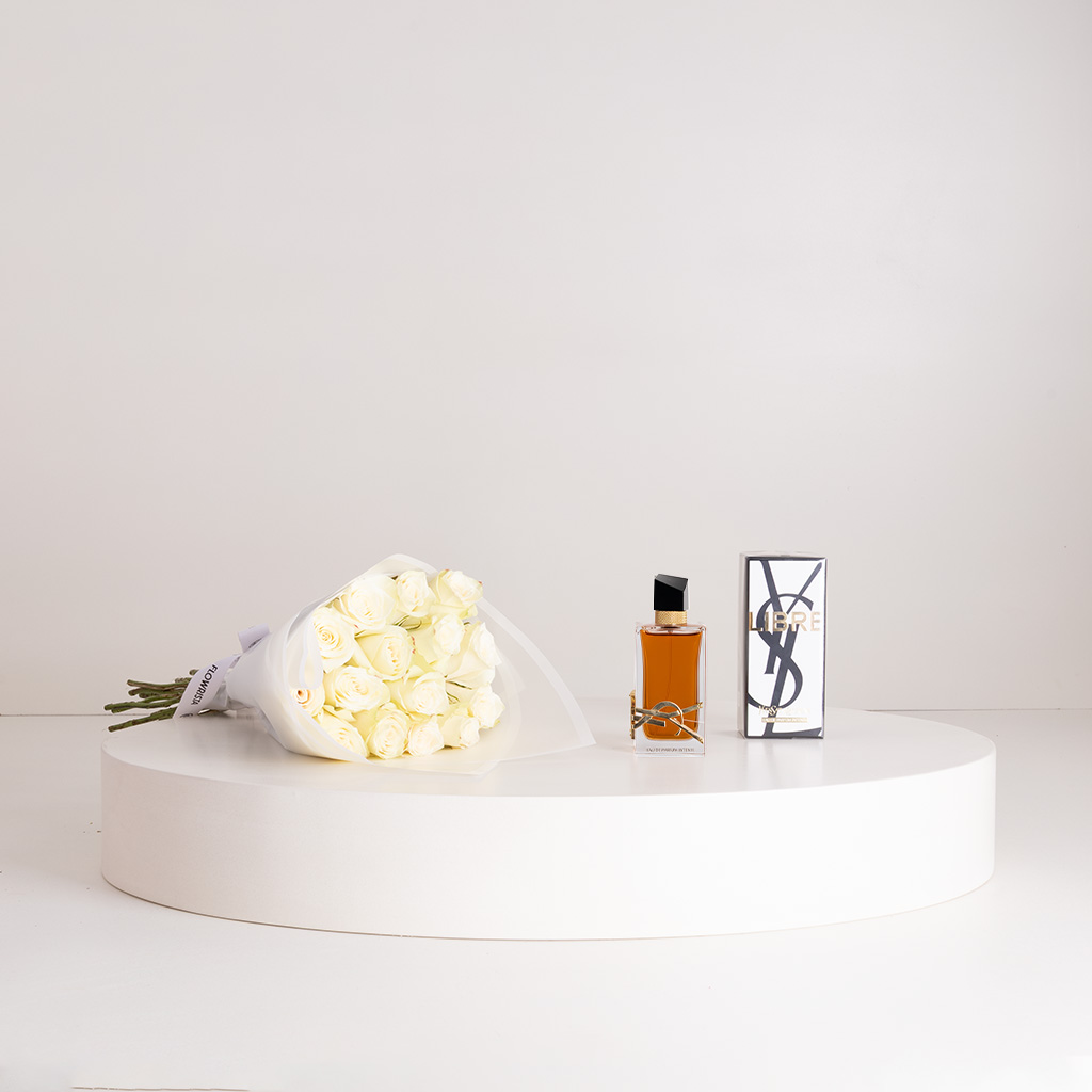 Flowrista Online Flowers Shop Yves Saint Laurent Libre Le Parfum 90ml & White Roses Bouquet