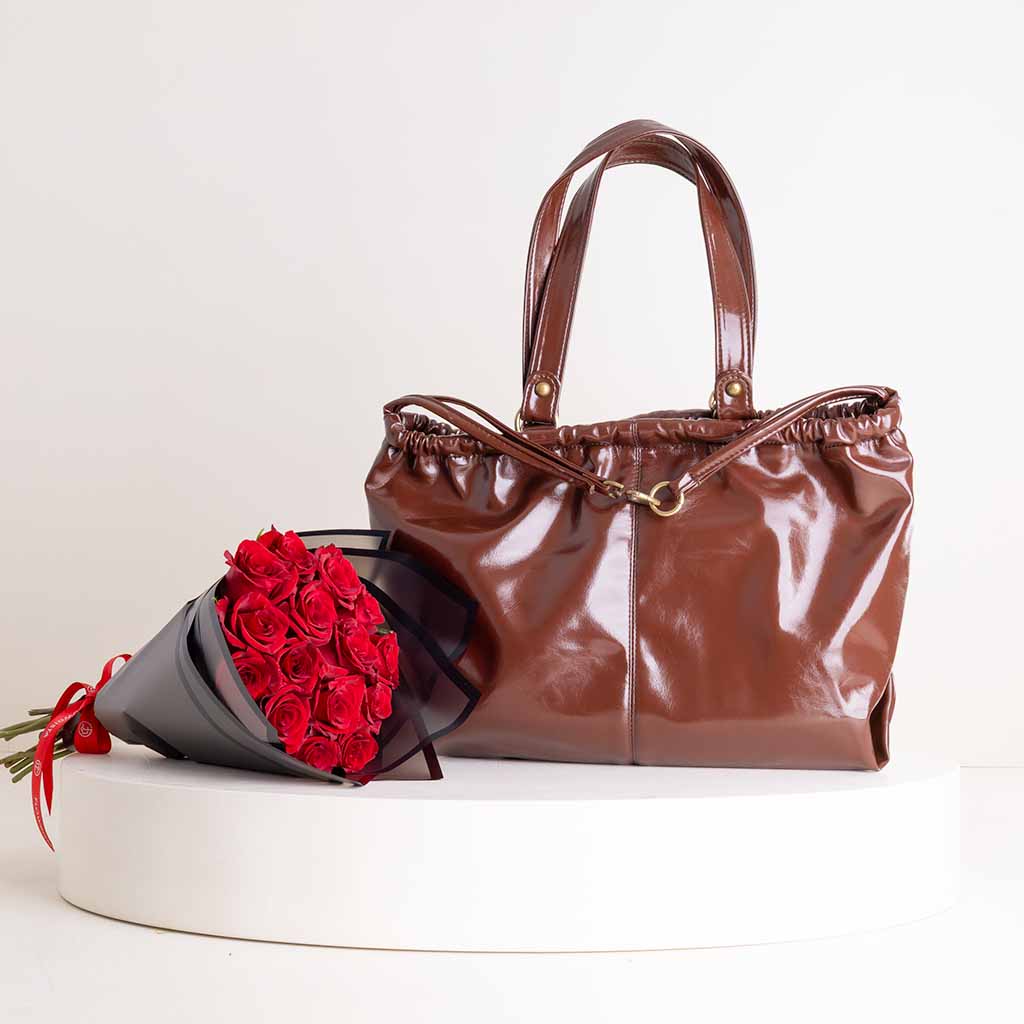 product-image-Helio Scrunch Bag Brown & Red Roses Bouquet