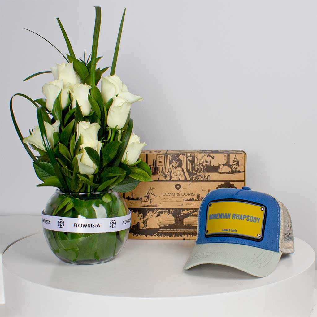 Flowrista Online Flowers Shop Levai & Loris Bohemian Rhapsody unisex cap | white roses vase 