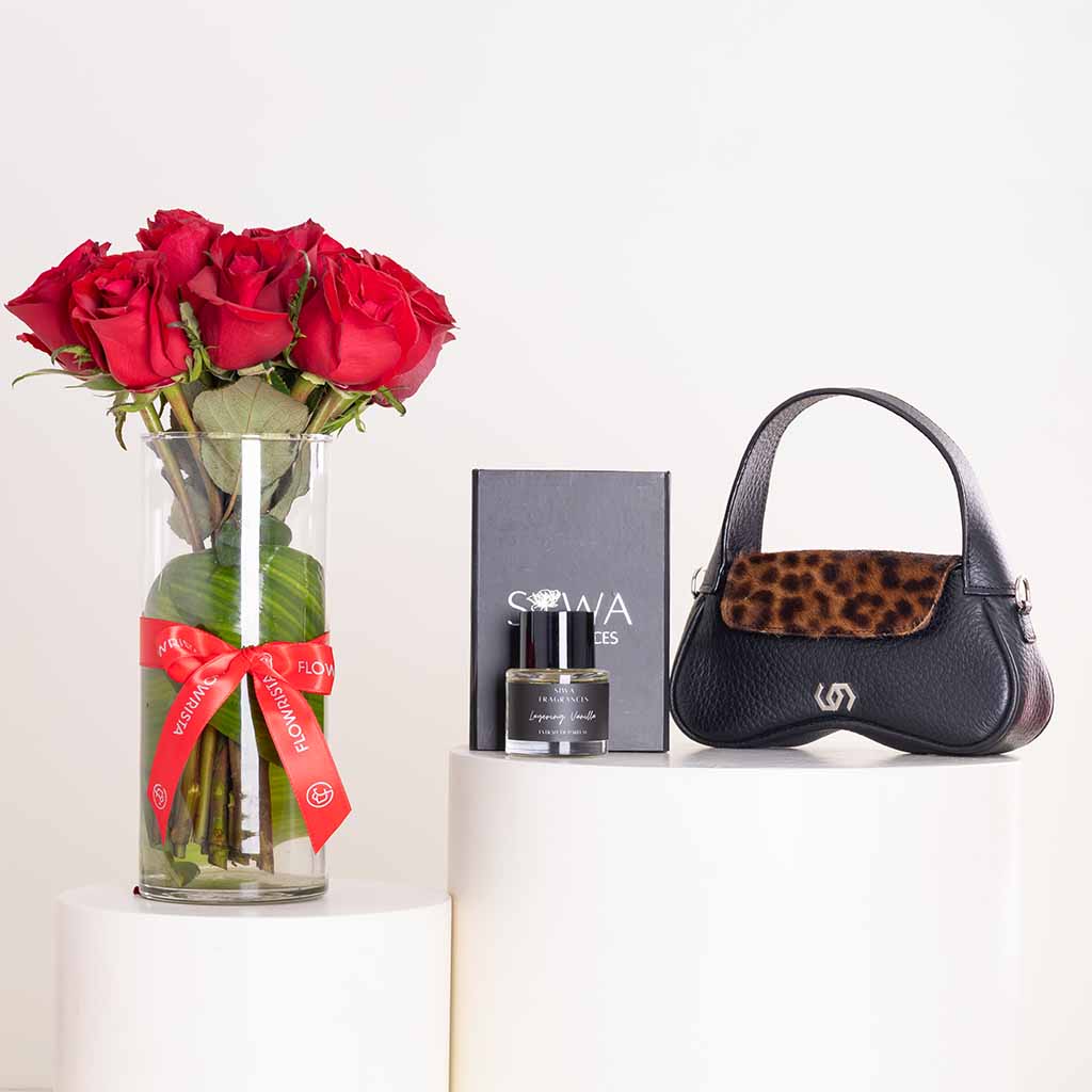 Flowrista Online Flowers Shop مجموعة عطر سيوا فانيلا وحقيبة كوكان وباقة ورود حمراء