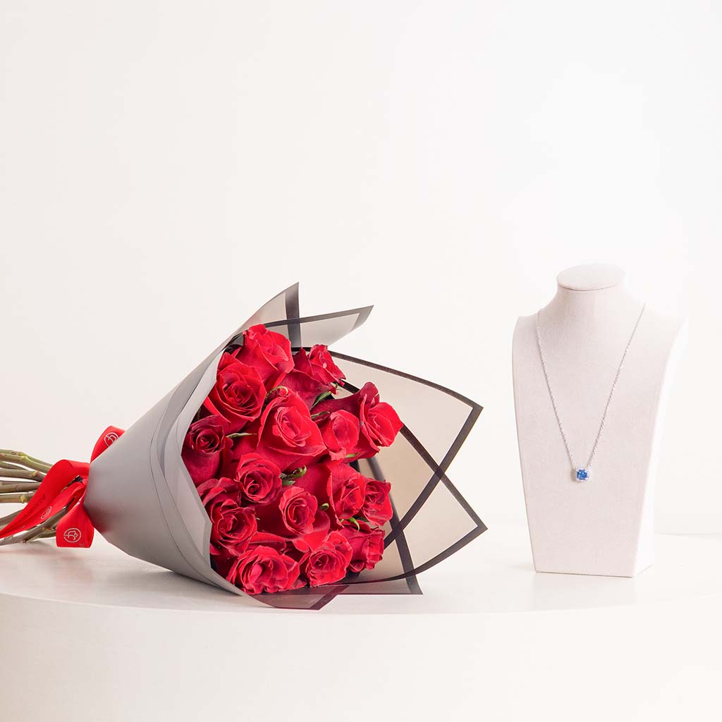 product-image-Markiz Platinum-Plated Blue Zircon Necklace & Red Roses Bouquet