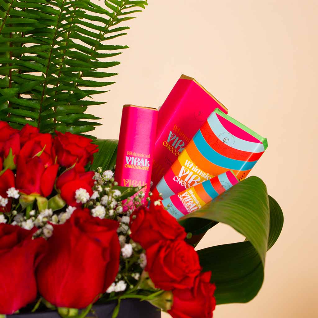 product-image-Flowrista | Chocolate Factory Bars & Red Roses Box