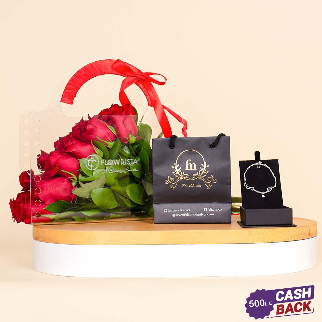 Flowrista Online Flowers Shop Felizmoda Silver bracelet with black heart And Red Roses Bag