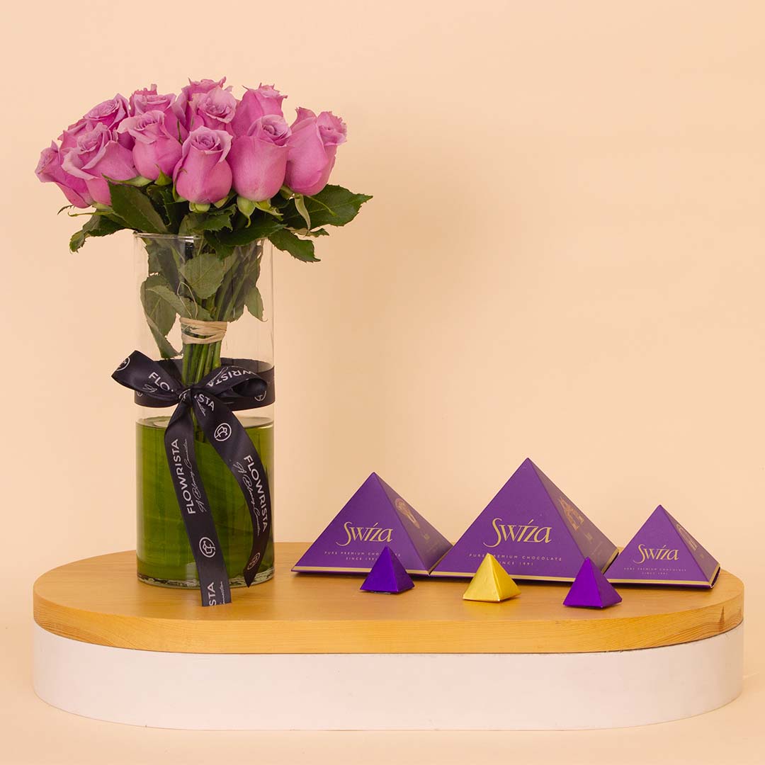 Flowrista Online Flowers Shop Swiza Pure Premium Chocolate & 15 Purple Roses Vase
