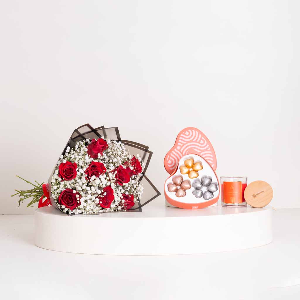 product-image-Patchi Tin Box 245g and Flowrista Candle and Red Roses Bouquet