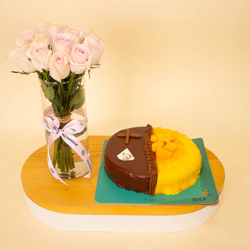product-image-Half & Half Mango–Chocolate Cake & Pink Roses Vase