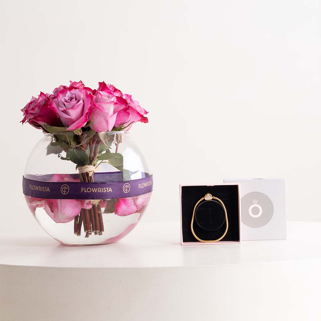 product-image-Pandora Moments Sparkling Crown O Snake Chain Bracelet 14k Gold-Plated & Purple Roses Bouquet