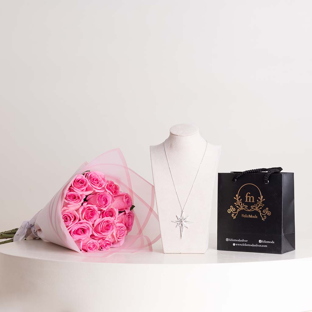 Flowrista Online Flowers Shop قلادة نجمة الشمال وباقة وردة وردية من فيليز مودا