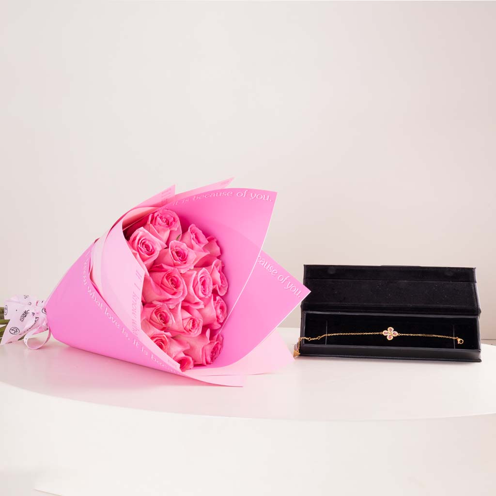 product-image-Guess Flower Blossom Bracelet & Pink Roses Bouquet