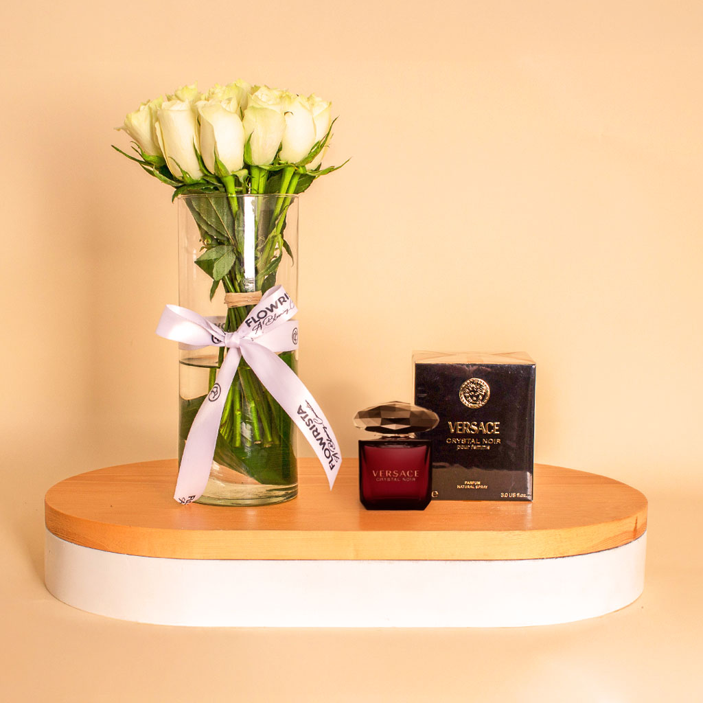 Flowrista Online Flowers Shop Versace Crystal Noir with White Roses Vase 15 Roses